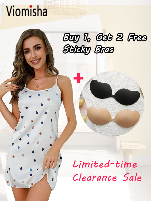 Women Sexy White Slip Sleepwear Heart Print White Satin Strappy Nightdress