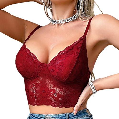 Viomisha Lace Bralettes for Women Sexy Scalloped Trim Bra No Underwire Adjustable Padded Bra Deep V Neck Bralette - Viomisha