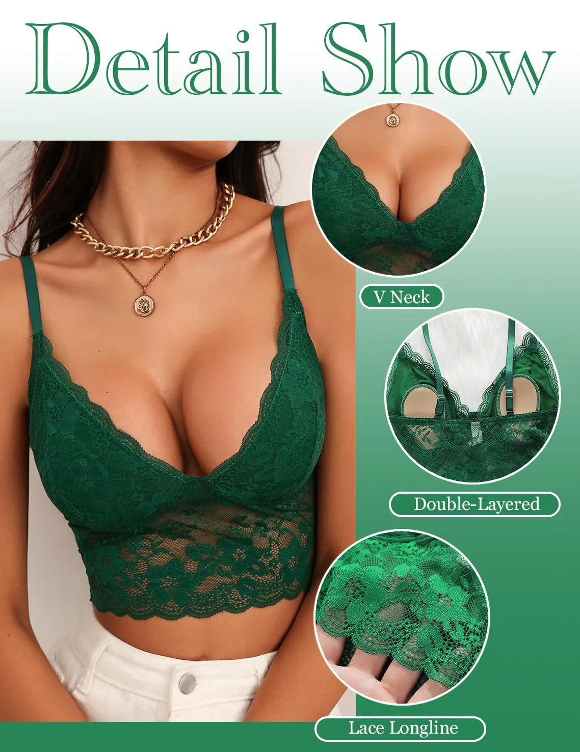Viomisha Lace Bralettes for Women Sexy Scalloped Trim Bra No Underwire Adjustable Padded Bra Deep V Neck Bralette Green L - Viomisha
