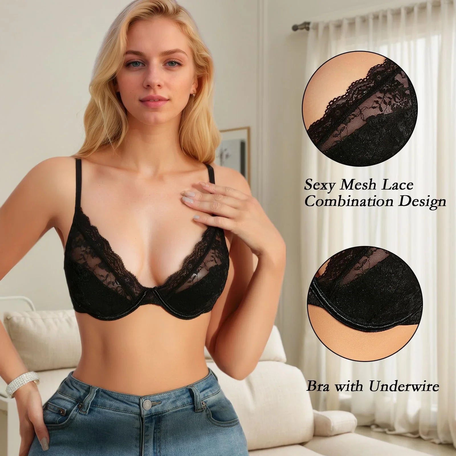 Viomisha Women's Sexy Lace Half Cup Bra Translucent Mesh Bra Deep V Neck Bralette Non-padded Underwire. - Viomisha