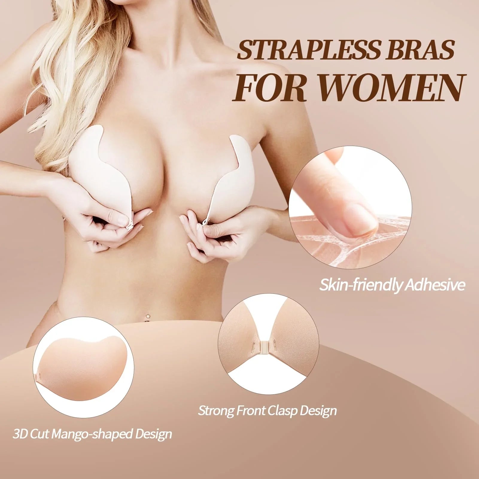 Viomisha Adhesive Bra Invisible 2 Pairs Lifting Bra, Sticky Strapless Push up Bra Reusable Silicone Backless Bras for Women - Viomisha