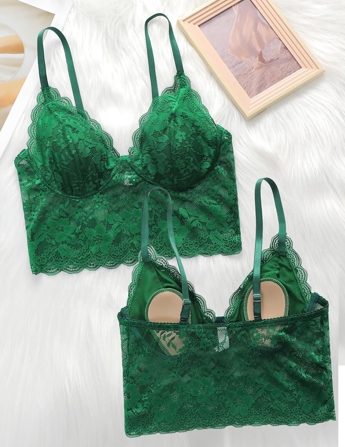 Viomisha Lace Bralettes for Women Sexy Scalloped Trim Bra No Underwire Adjustable Padded Bra Deep V Neck Bralette Green L - Viomisha