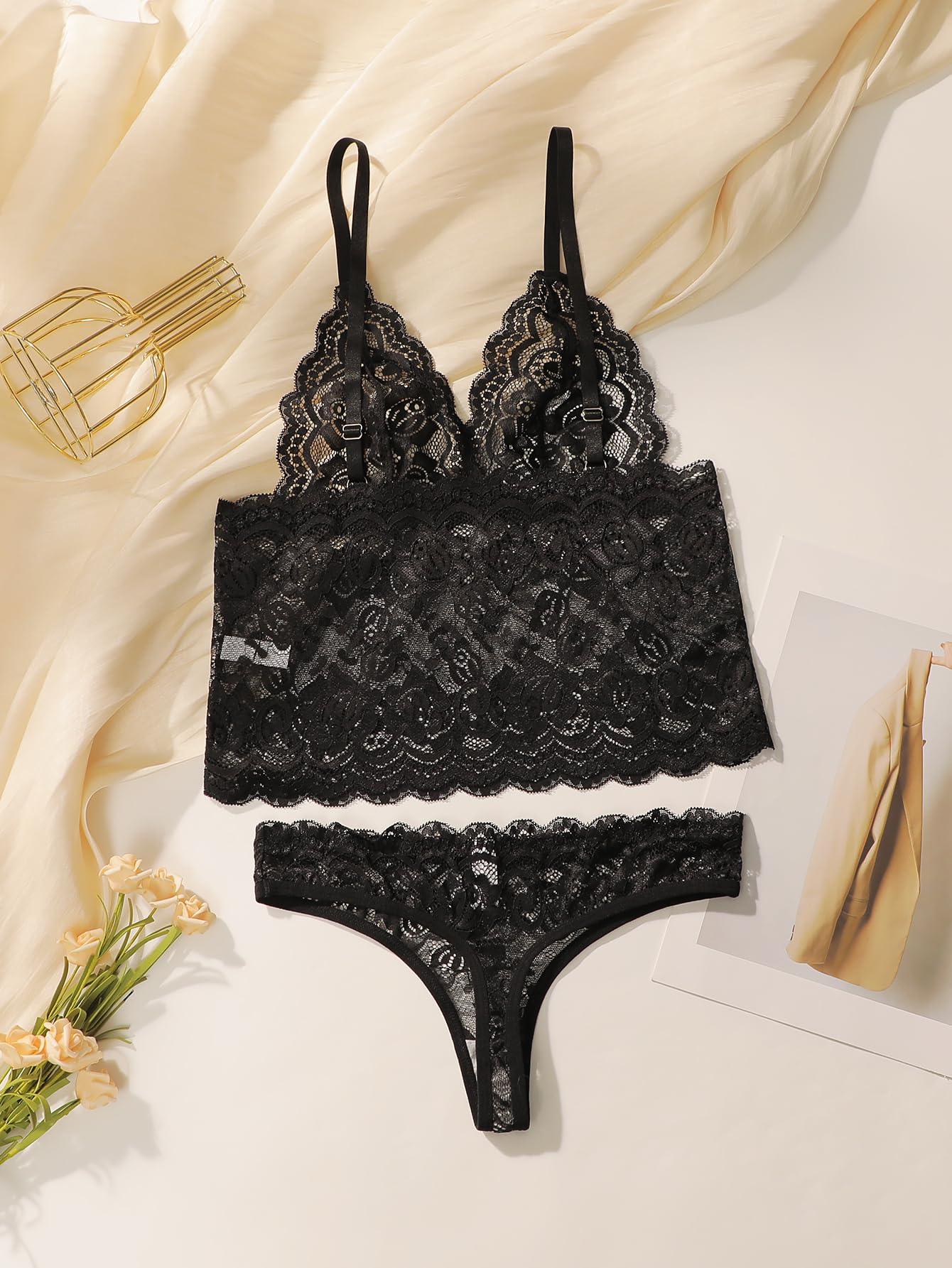 Women Full Lace Bra And Thong Lingerie Sheer Lace Bra Set And Nightwear 2pcs - Viomisha