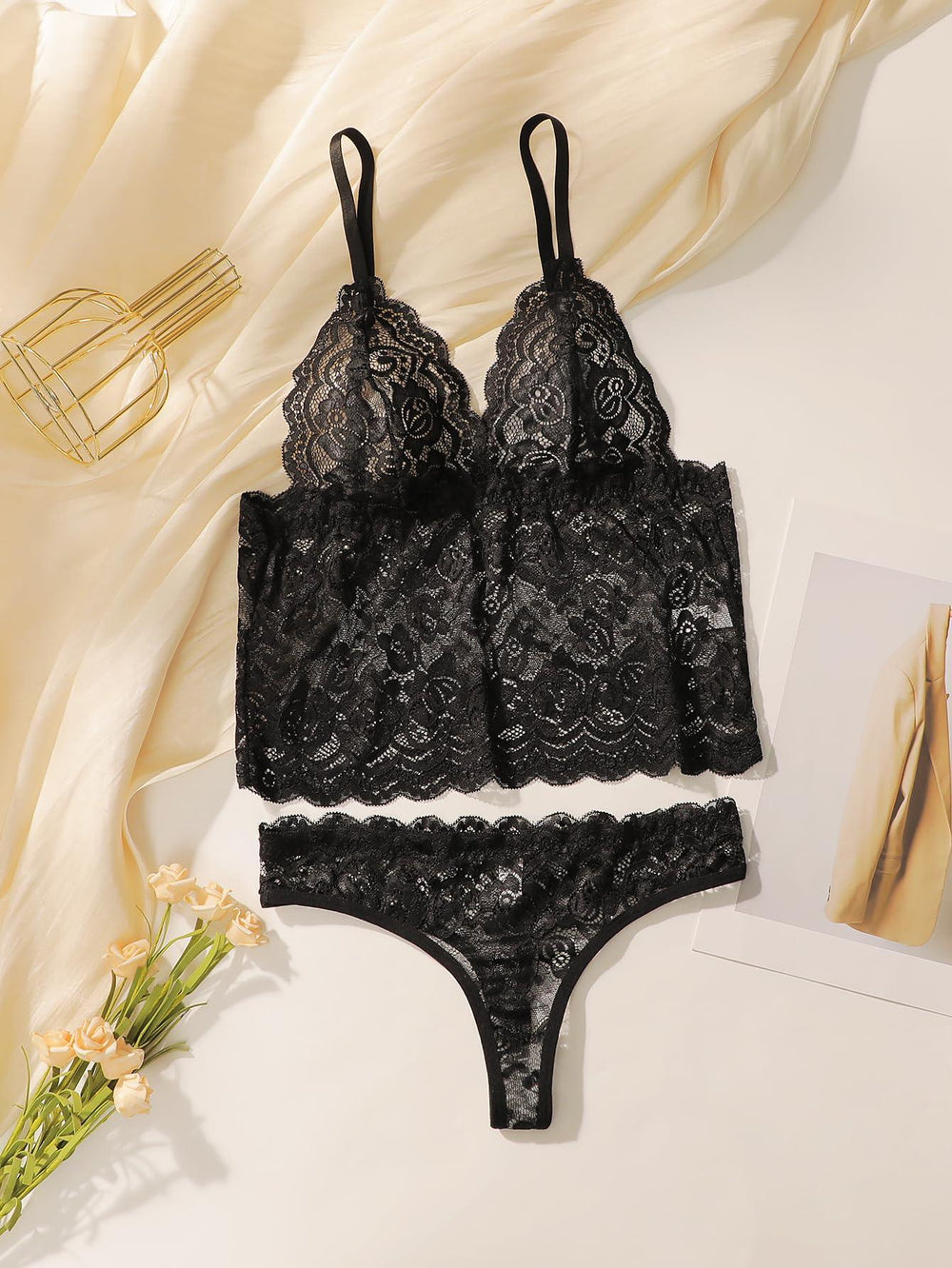 Women Full Lace Bra And Thong Lingerie Sheer Lace Bra Set And Nightwear 2pcs - Viomisha