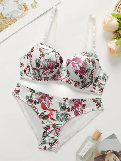 Plant Printed Underwire Lingerie Set