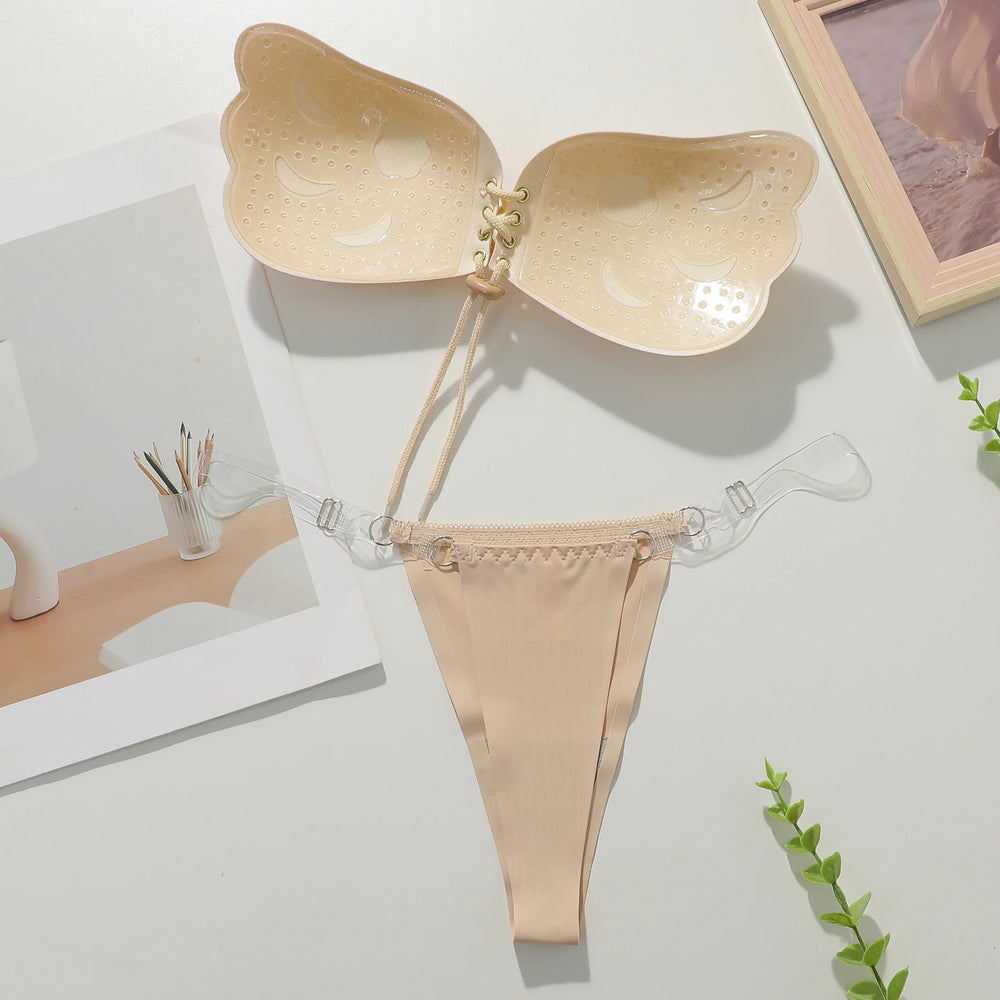 Viomisha 1 Set Women Sticky Bra And Thong Briefs Backless Strapless Bra Push Up Breathable Underwear Adhesive Invisible Lift Up Bras - Viomisha